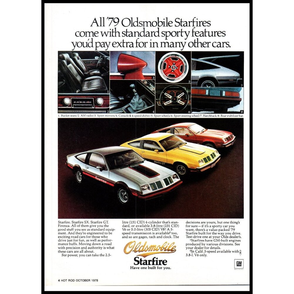 1979 Oldmobile Starfire Line Up SX GT Vintage Print Ad Firenza 70s Wall Art
